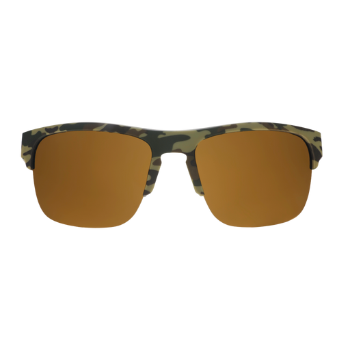A pair of square sunglasses with a matte camouflage pattern frame and warm brown mirrored lenses, shown against a plain white background.