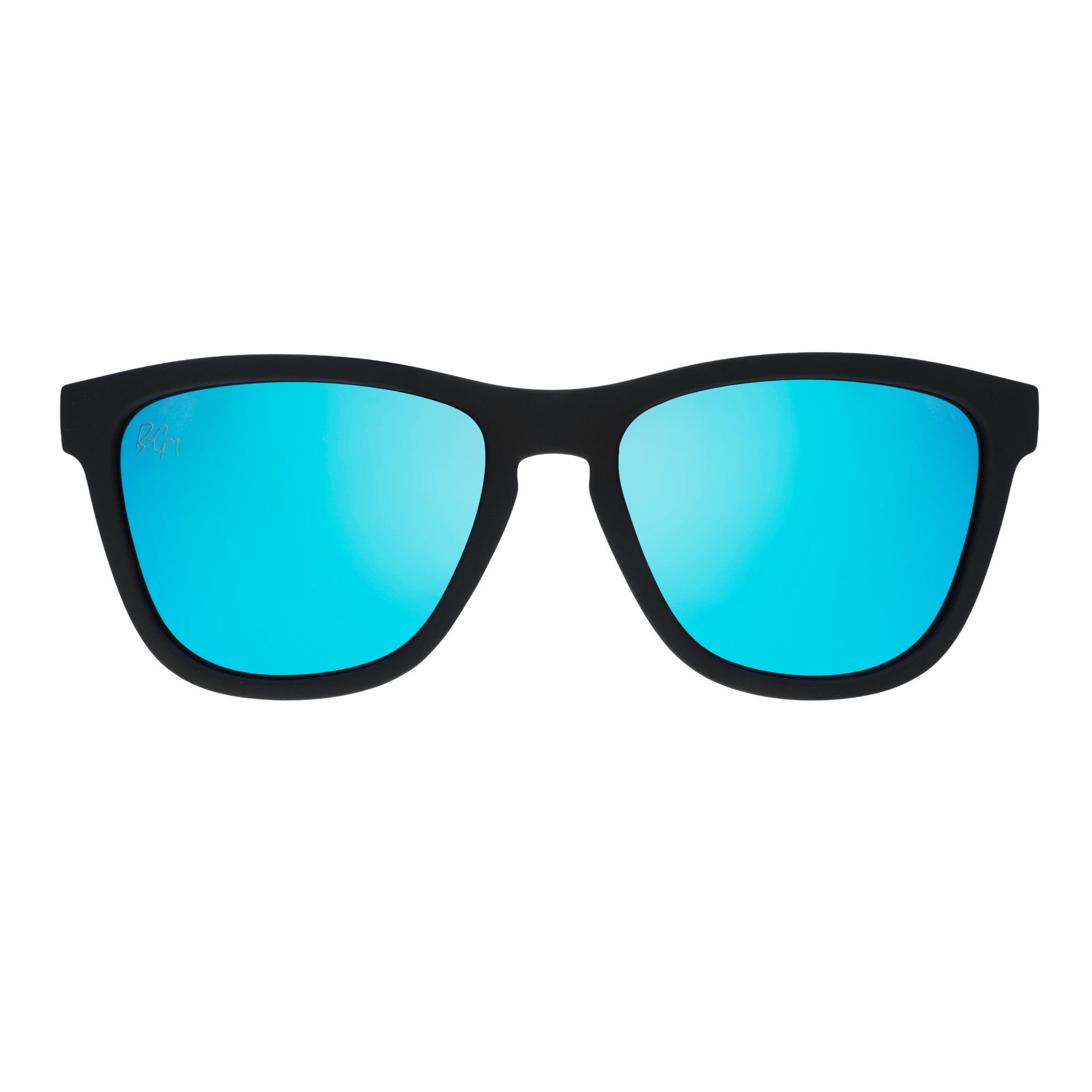 Front view of goodr sunglasses with black frames, blue reflective lenses, and Ben Gravy’s signature on the right lens.