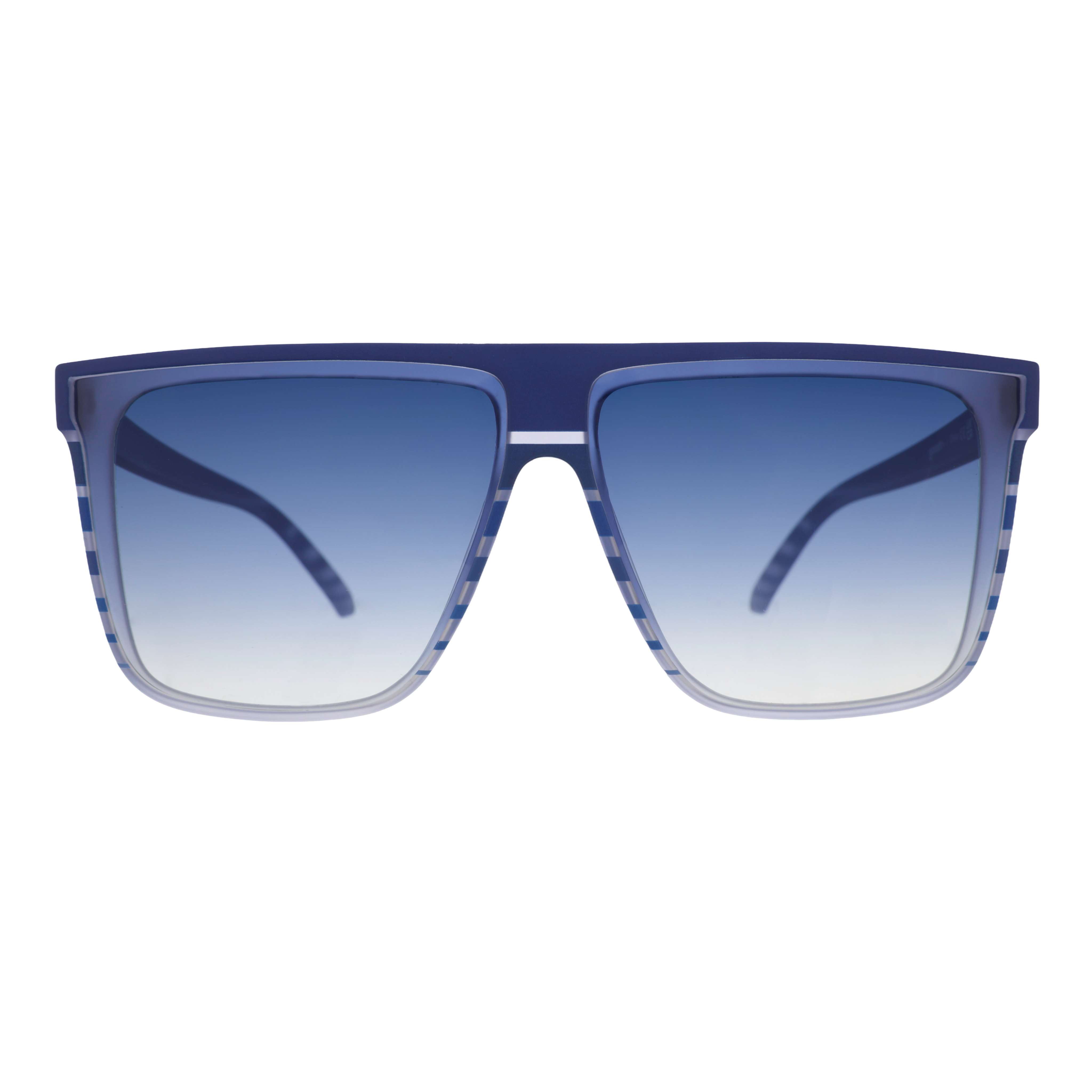 Front view of blue-purple flat-top Fly G sunnies showcasing blue gradient lenses and a retro striped design.