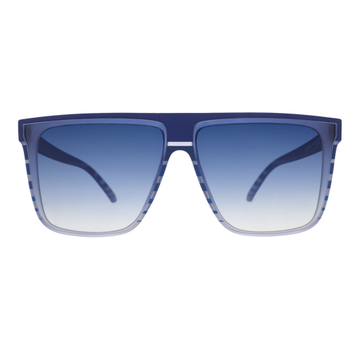 Front view of blue-purple flat-top Fly G sunnies showcasing blue gradient lenses and a retro striped design.
