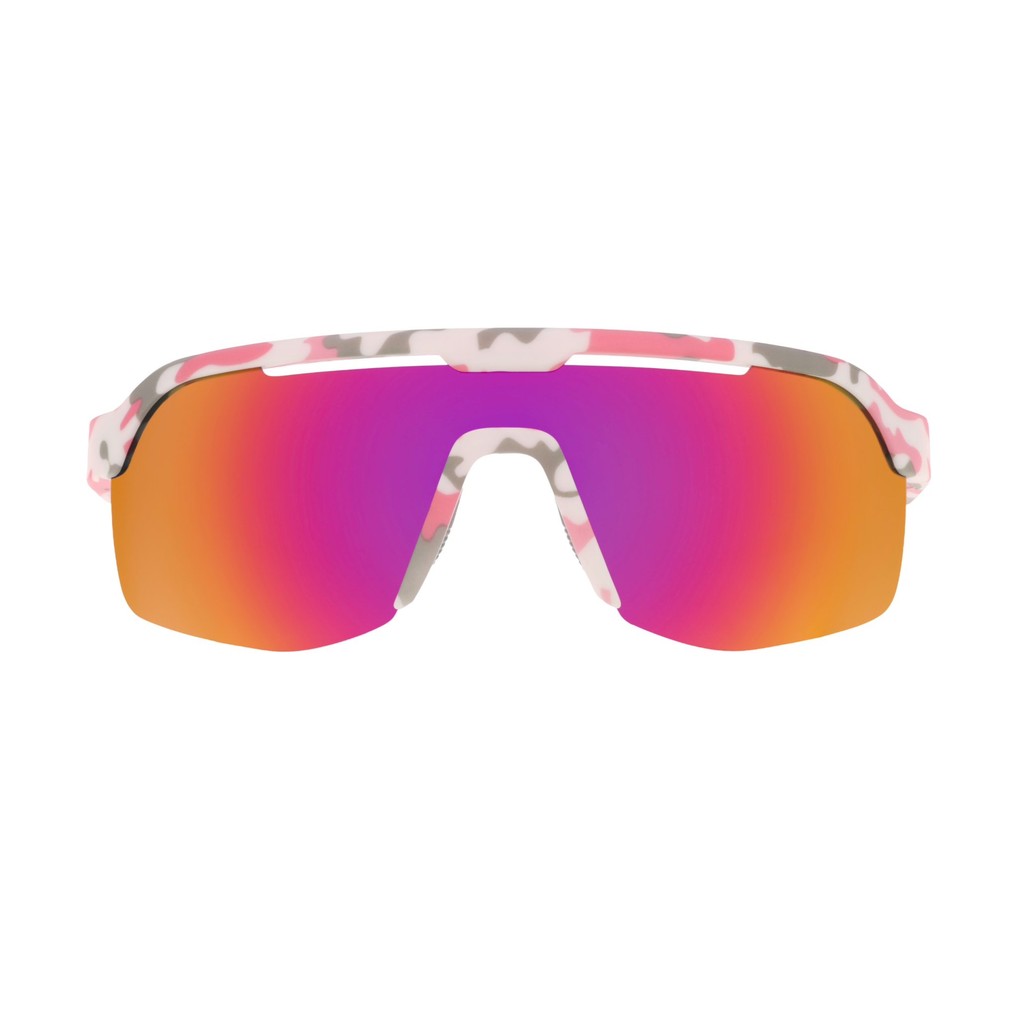Sport sunglasses with a pink, white, and gray camouflage patterned frame and large mirrored lenses that transition from pink to orange.