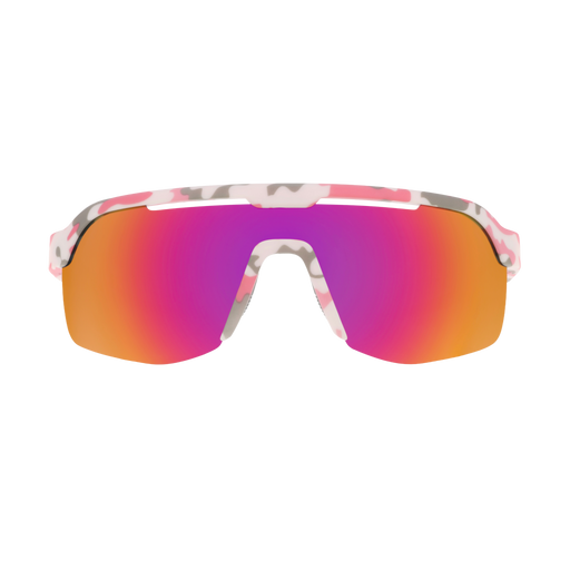 Sport sunglasses with a pink, white, and gray camouflage patterned frame and large mirrored lenses that transition from pink to orange.