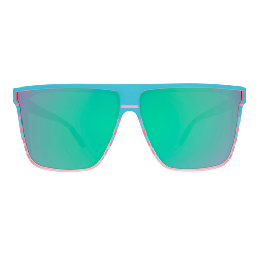 Front view of translucent pink flat-top Fly G sunglasses with a teal retrowave design and pink-purple reflective lenses.