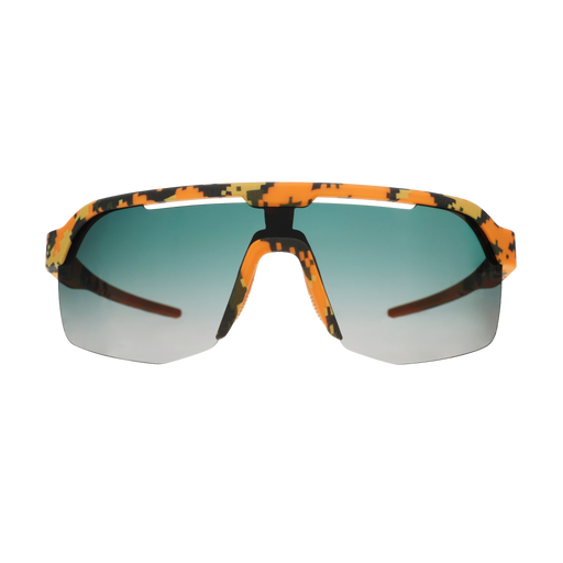Sport sunglasses with a vibrant orange, yellow, and black camouflage pattern on the frame and gradient green-to-gray lenses.