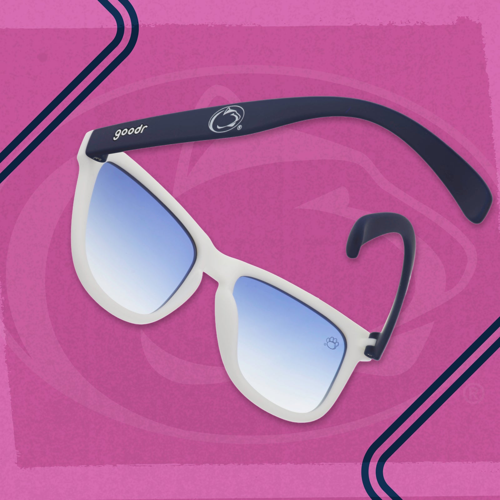 Angled view of Penn State goodr sunglasses with a white frame, blue gradient lenses, and navy arms.