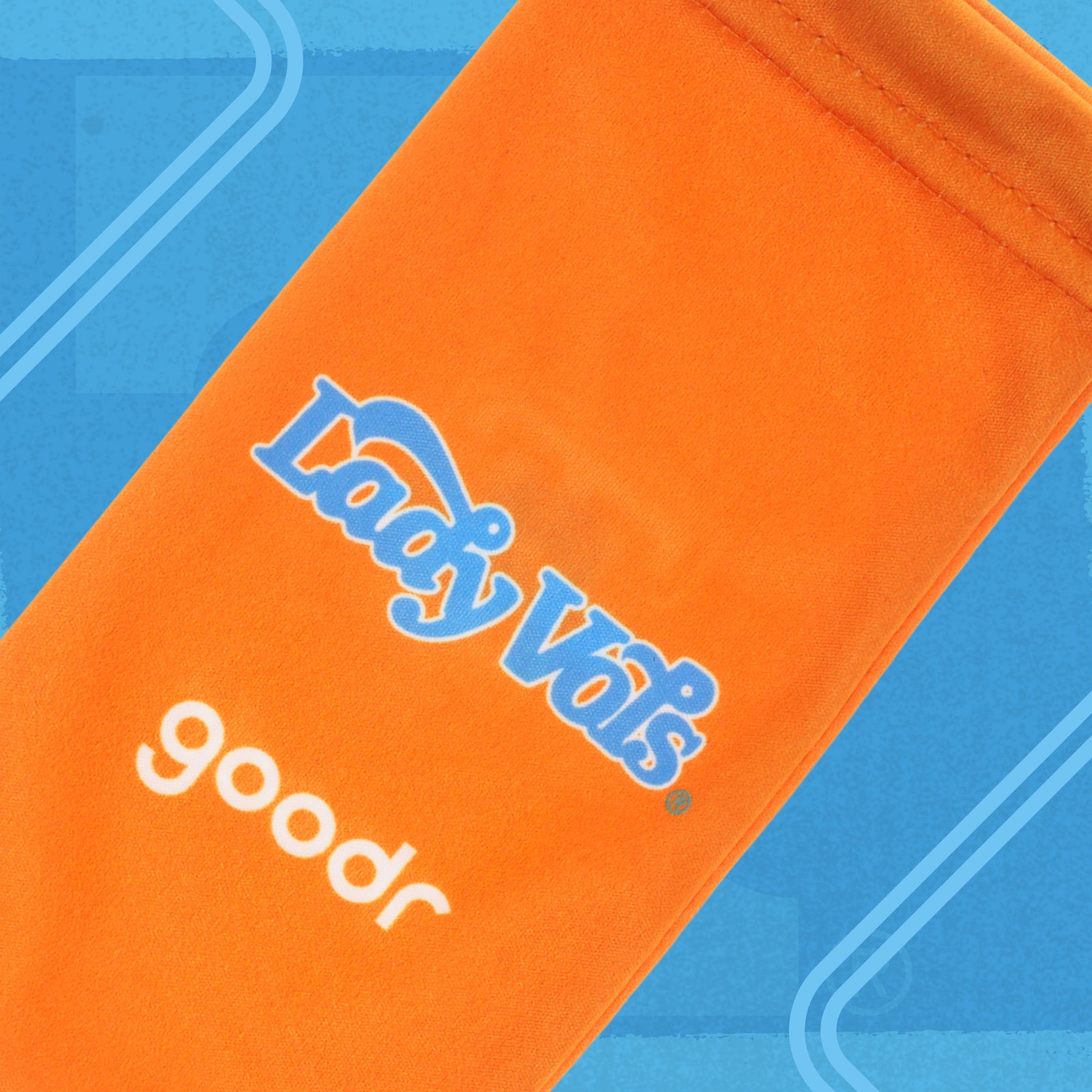 Orange microfiber sunglasses pouch with Lady Vols and goodr logos on a blue background.