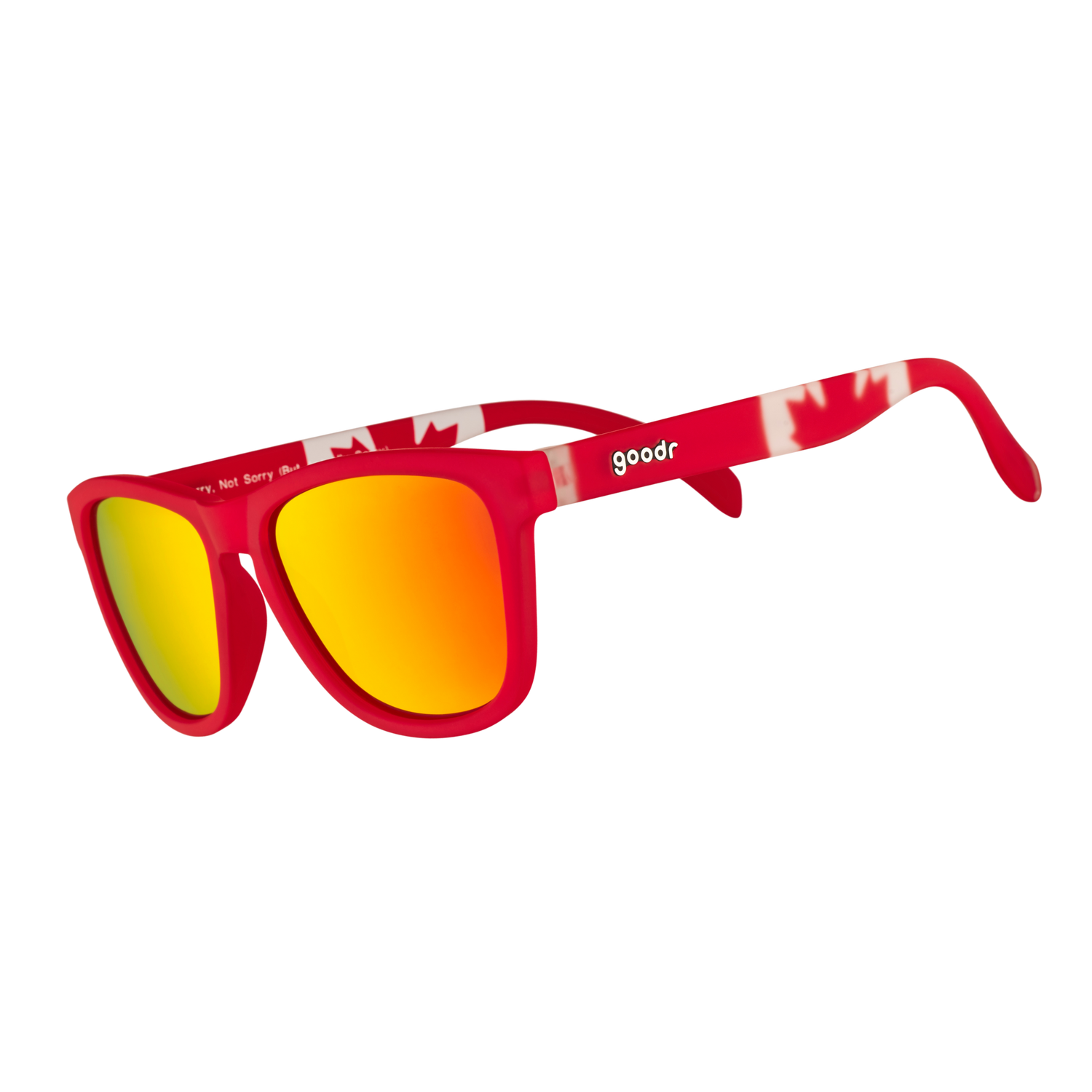 Three-quarter angle view of red shades w/ a Canadian flag pattern+burnt orange reflective lenses on a white background.