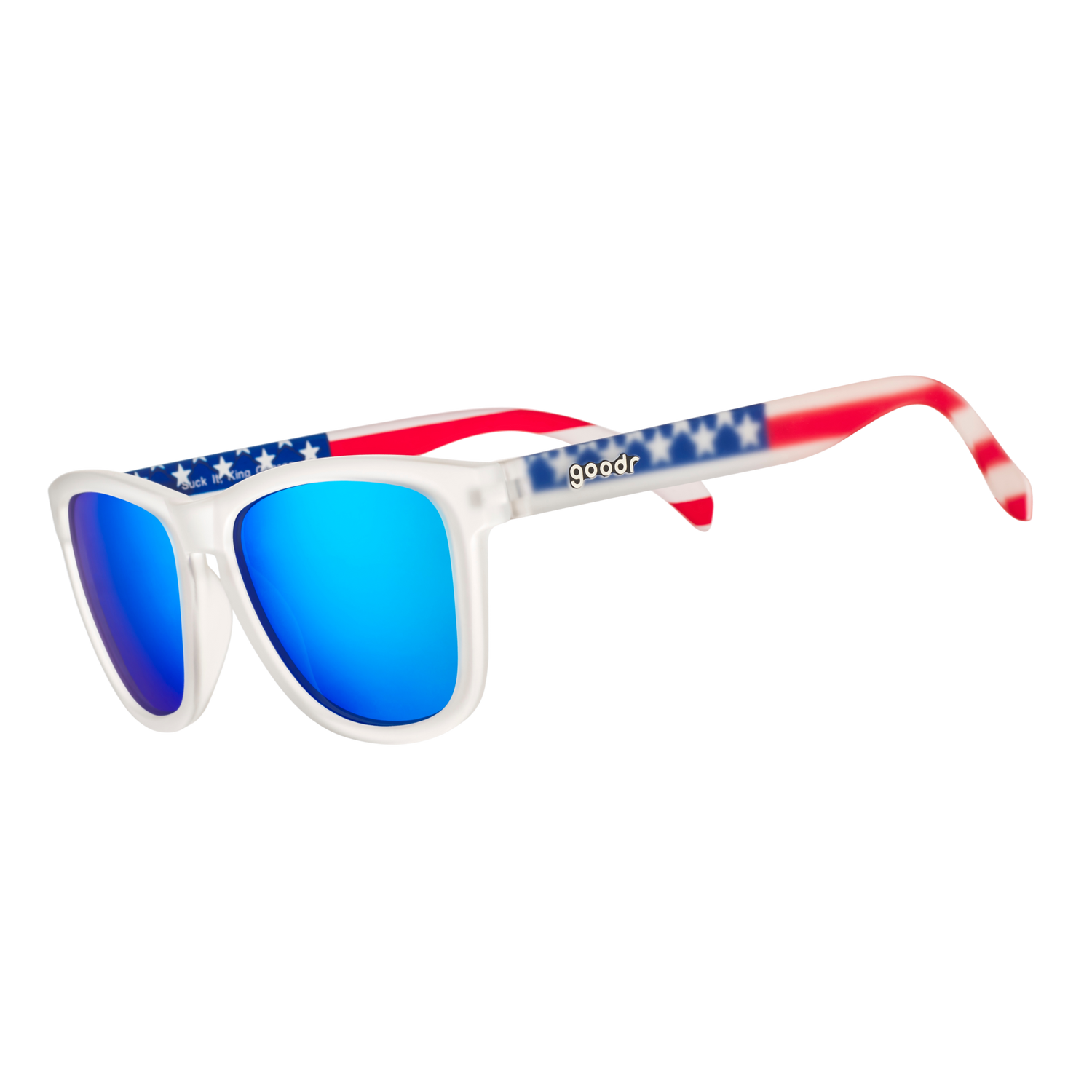 Three-quarter angle view of clear shades w/ an American flag pattern+blue reflective lenses on a white background.