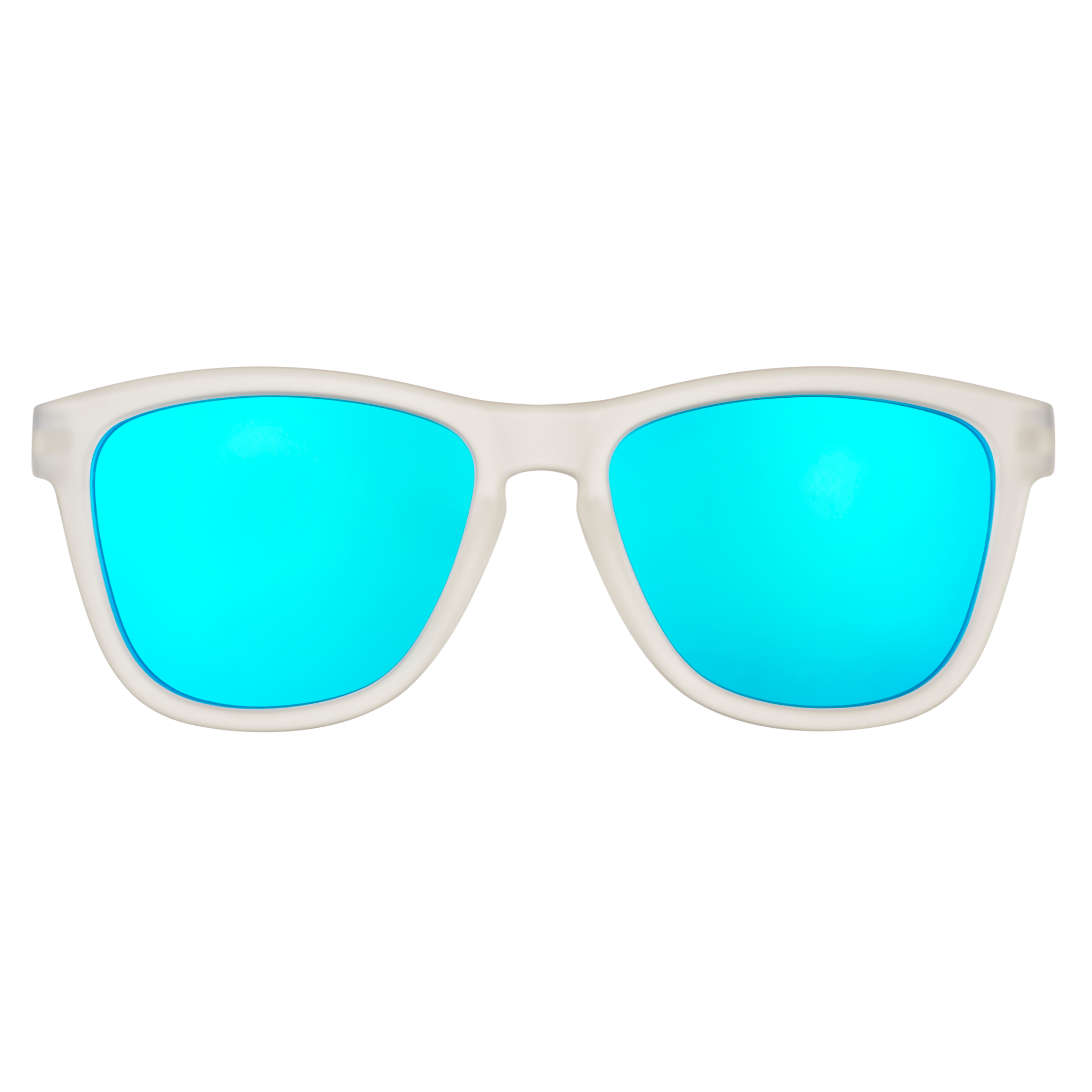 Front view of sunglasses. Clear front frame with blue reflective lenses on a white background.
