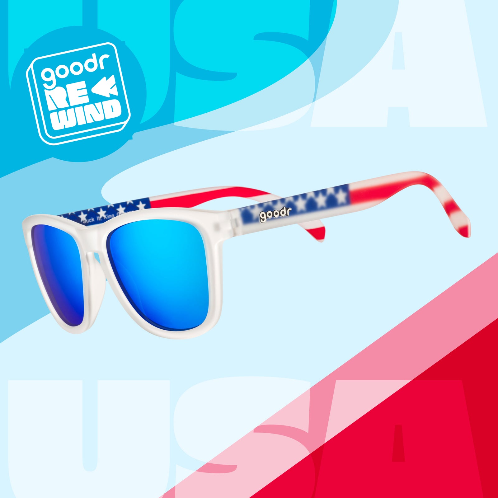 Close-up view of sunglasses temples stylized with an American flag pattern.