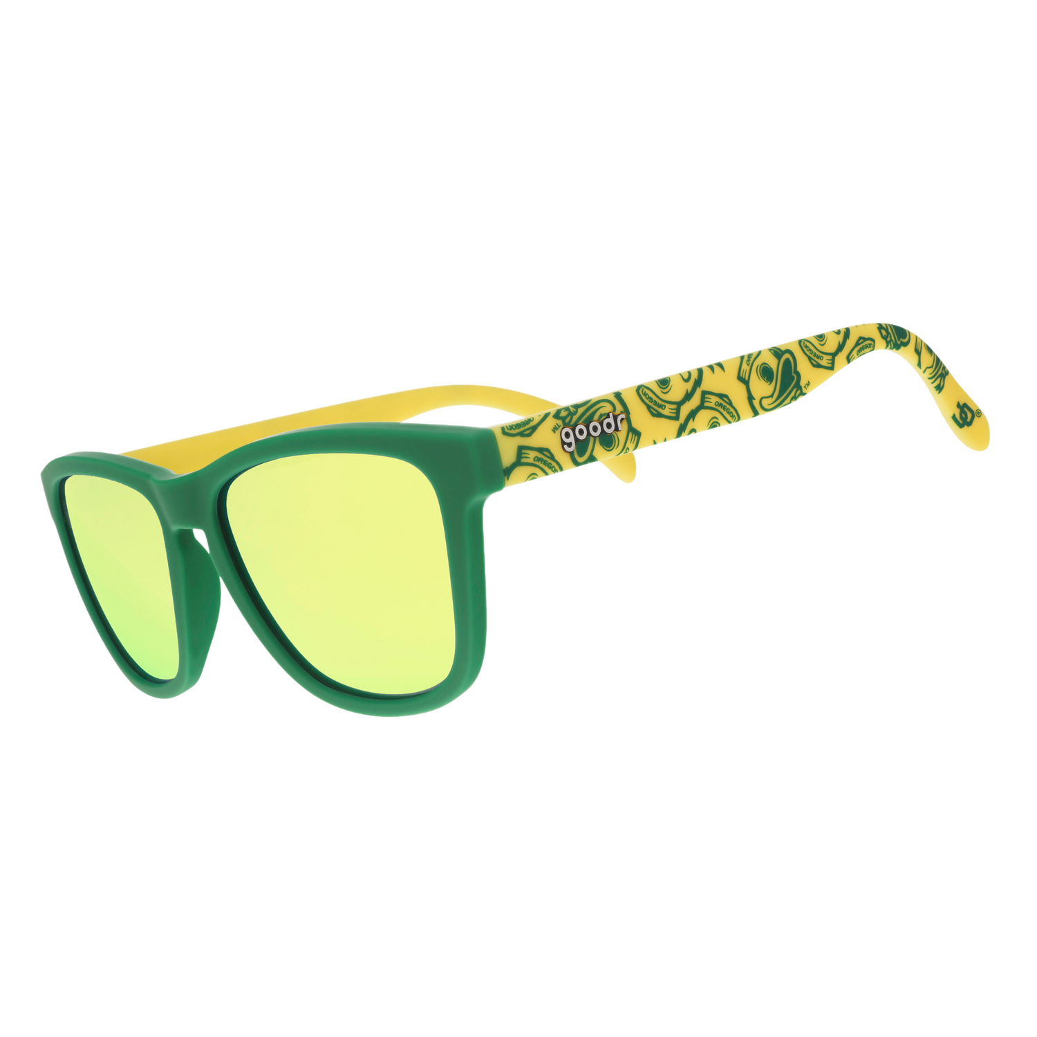 Three quarter angle of yellow-and-green sunglasses featuring the Oregon Ducks duck mascot and gold-green reflective lenses. 