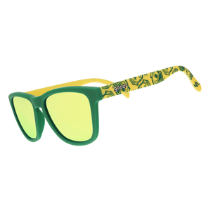 Three quarter angle of yellow-and-green sunglasses featuring the Oregon Ducks duck mascot and gold-green reflective lenses. 