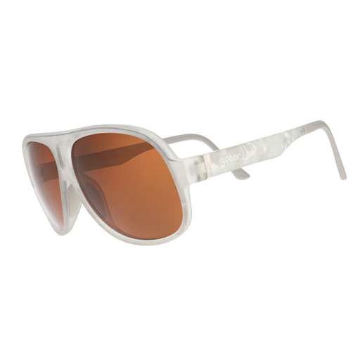 Aviator sunglasses with a translucent white frame and brown non-reflective lenses.