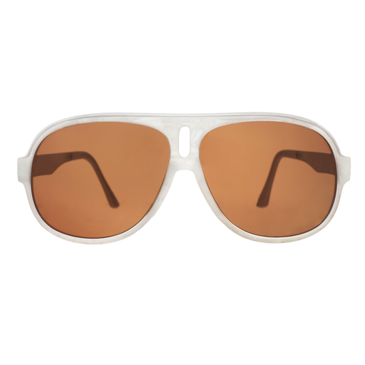 Aviator sunglasses with brown non-reflective lenses on a bright orange and pink starburst background.