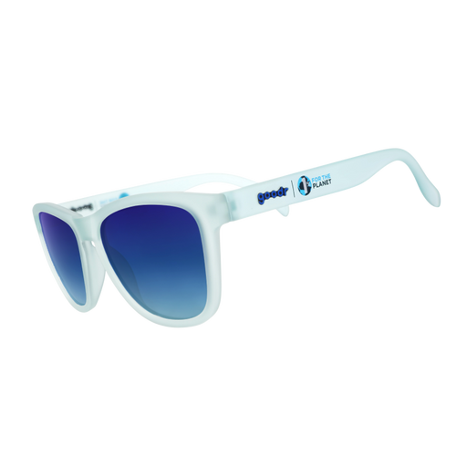 100% recycled paper goodr box on blue background surrounded by crushed plastic water bottles.