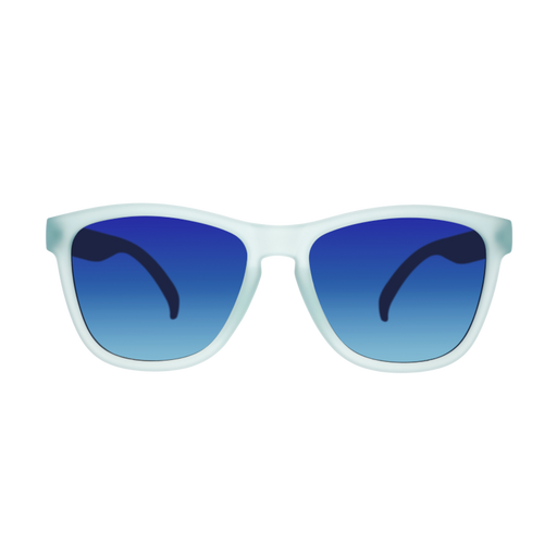 Front view of translucent light blue sunglasses with blue reflective lenses on white background.