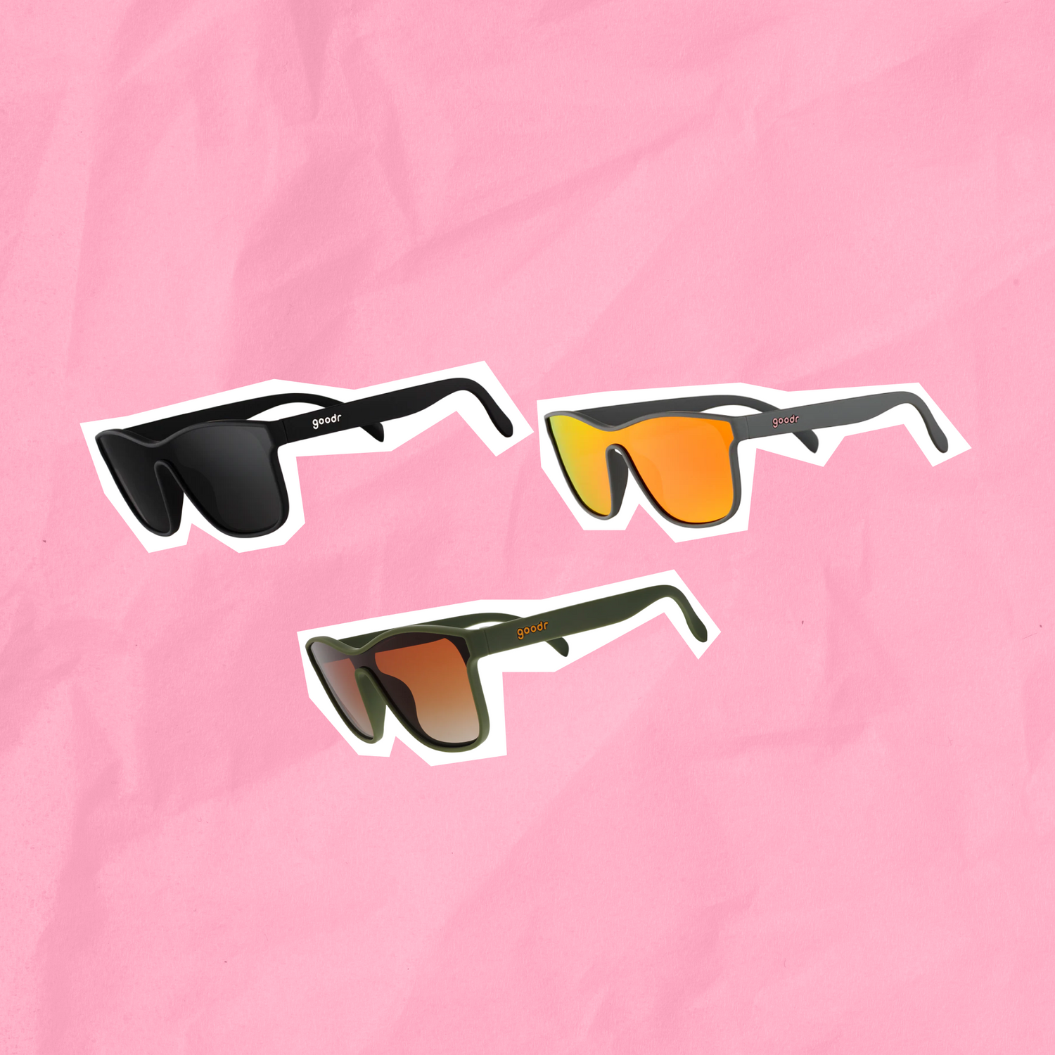 Three pairs of sunglasses with different frame colors and lens colors on a white background.