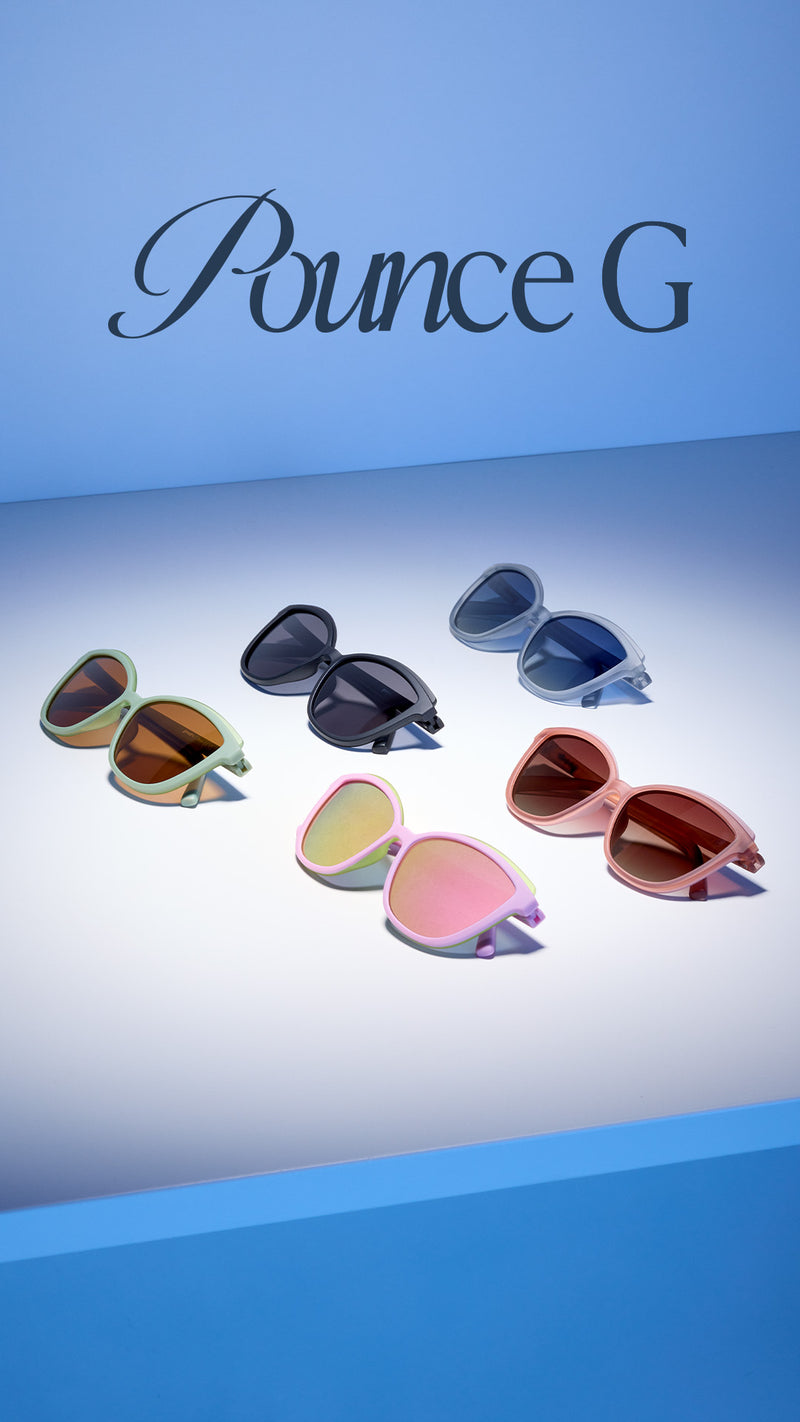 Colorful sunglasses displayed on a blue and gray gradient background with 'Pounce G' branding.