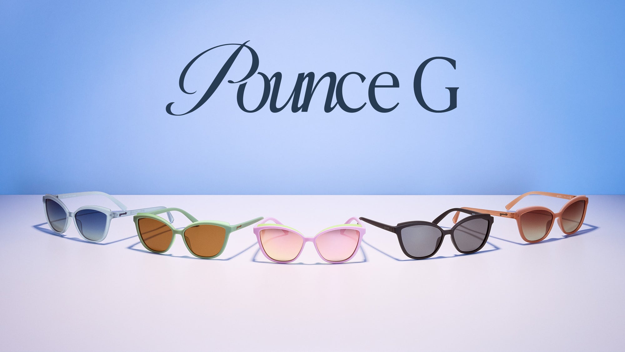 Collection of sunglasses with 'Pounce G' branding on a light blue background