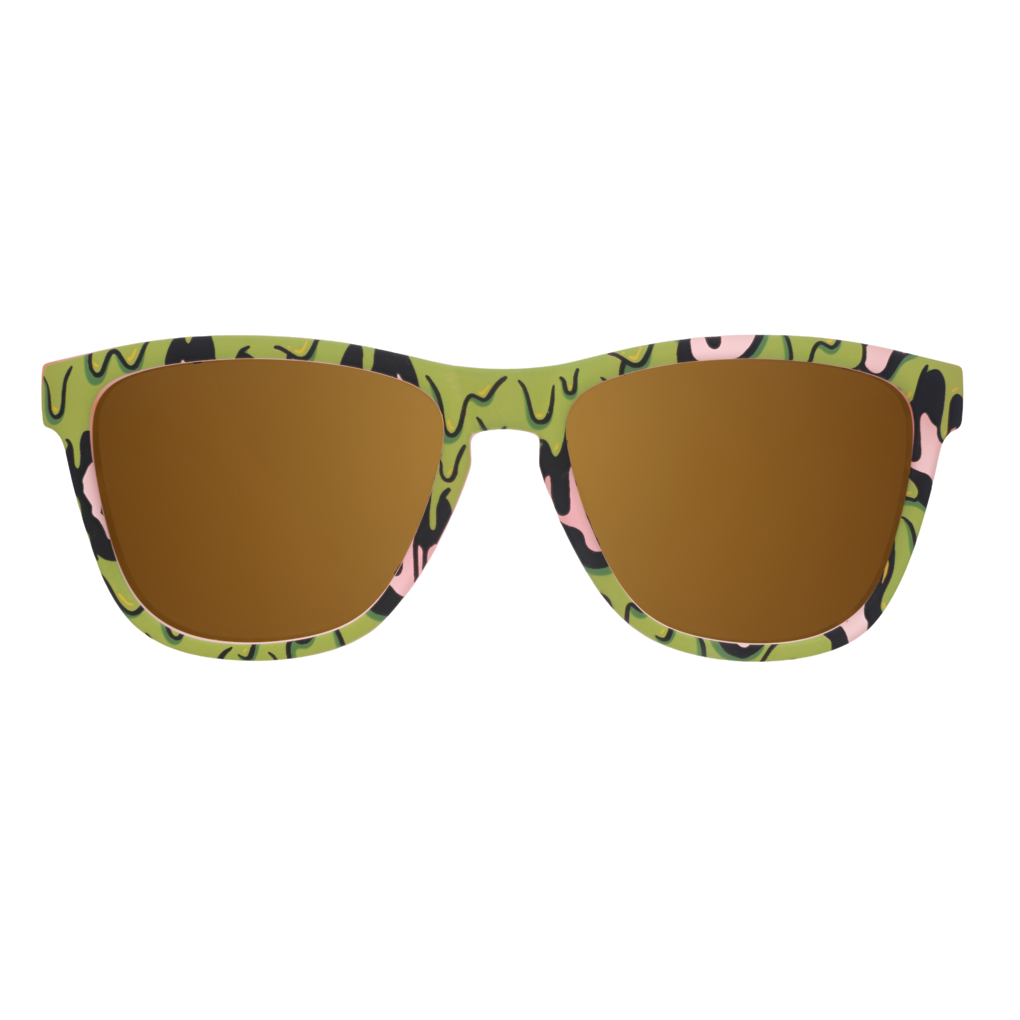 Front view of pink sunglasses with gold lenses and a gooey green-and-black slime pattern on white.