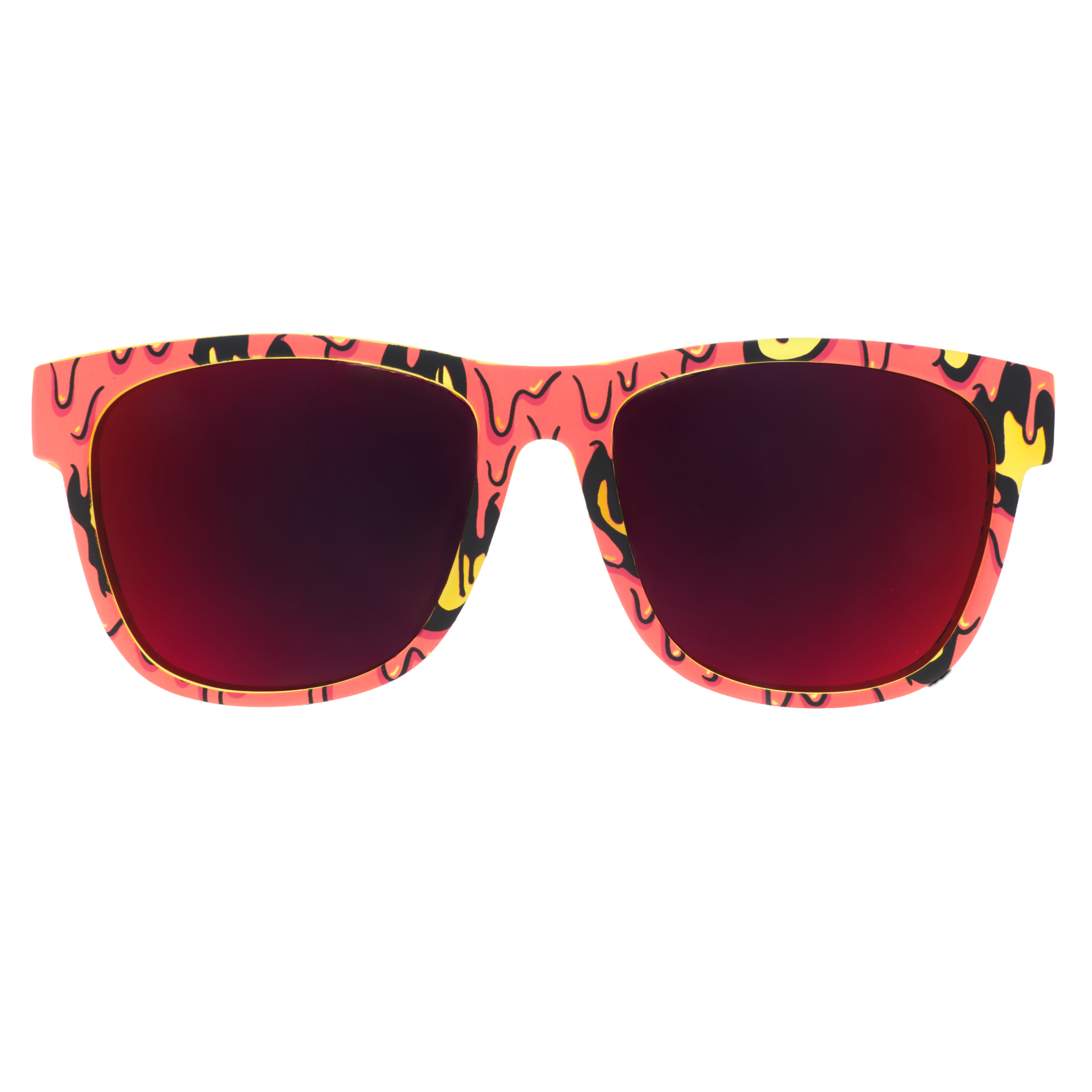Front view of red, yellow and black goopy-patterned sunglasses with dark red mirrored lenses on a white background.