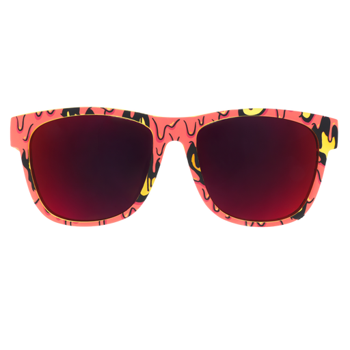 Front view of red, yellow and black goopy-patterned sunglasses with dark red mirrored lenses on a white background.