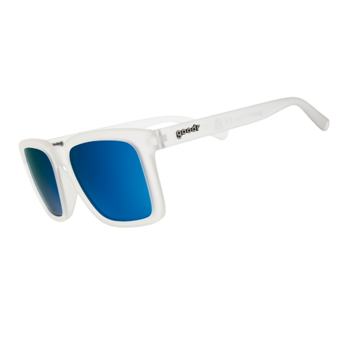 Three-quarter angle view of translucent clear shades w/ a square silhouette & light blue reflective lenses tilted down.