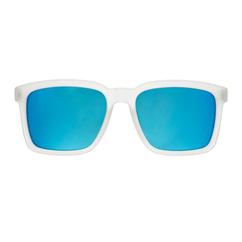 Front view of translucent clear sunglasses w/ a square silhouette. Clear front frame & light blue reflective lenses.