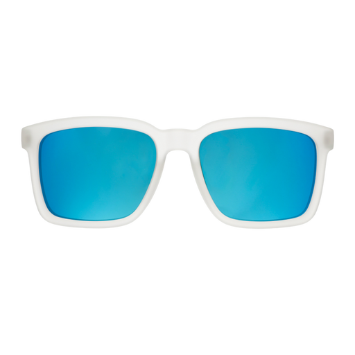 Front view of translucent clear sunglasses w/ a square silhouette. Clear front frame & light blue reflective lenses.