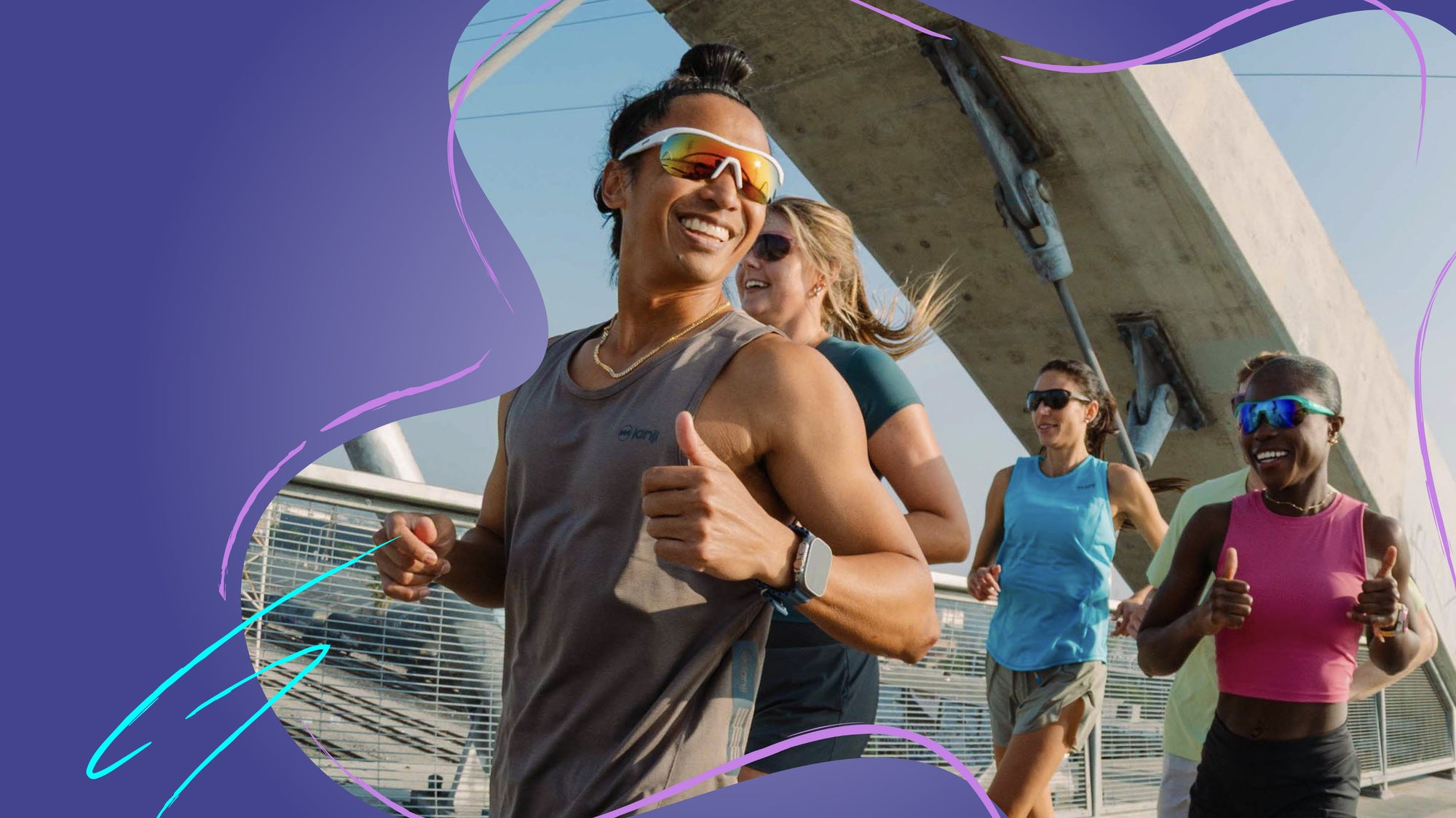 Group of runners wear NEW Sonic G goodr sports sunglasses giving thumbs up in an urban setting with a bridge in the background