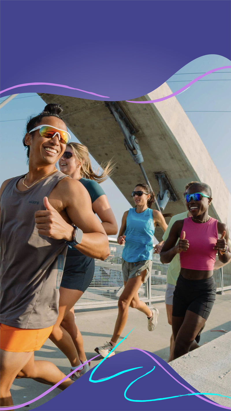 Group of runners wear NEW Sonic G goodr sports sunglasses giving thumbs up in an urban setting with a bridge in the background