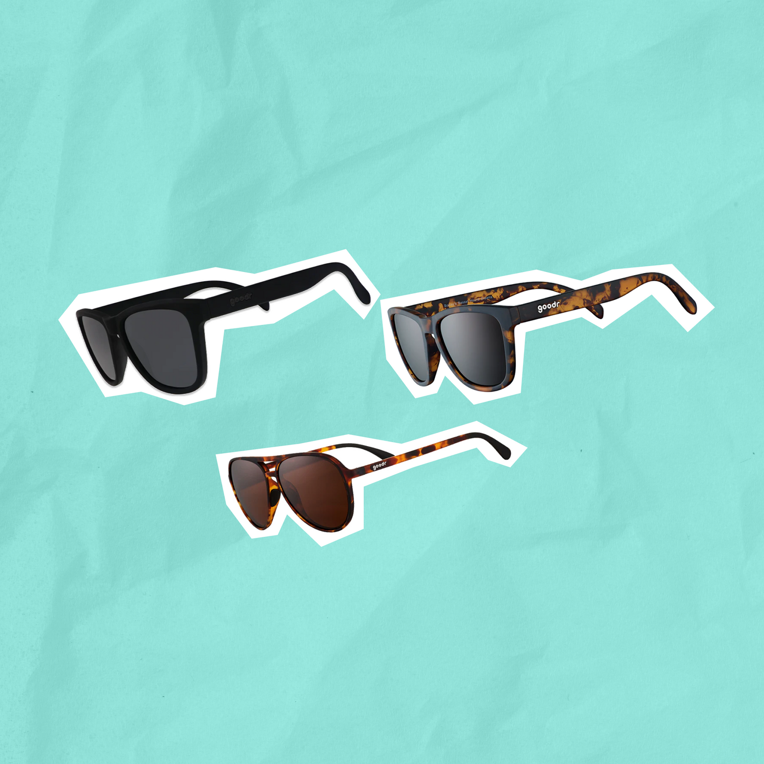 Three pairs of sunglasses on a turquoise background