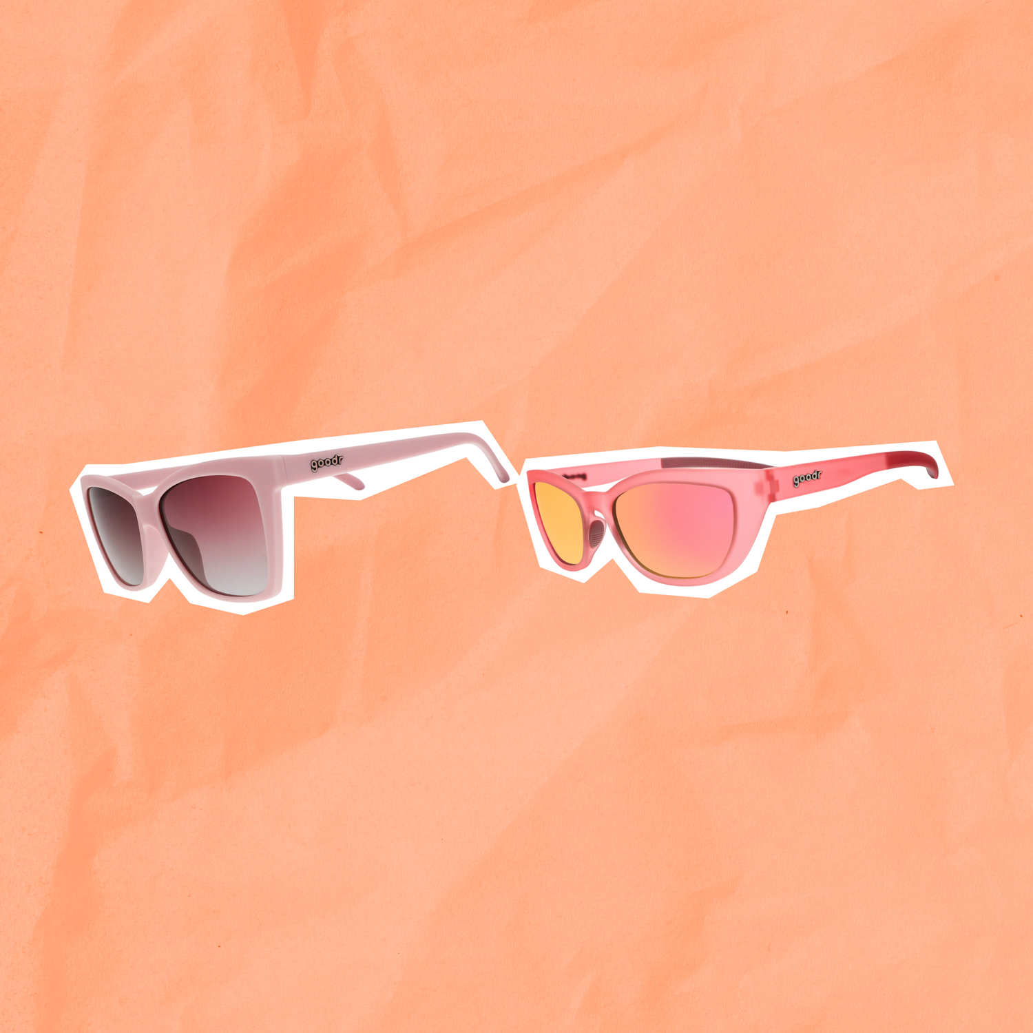 Sunglasses with pink and yellow lenses on a peach background