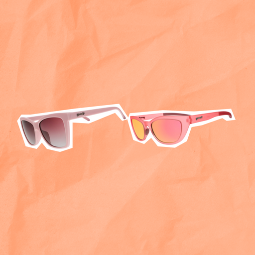Sunglasses with pink and yellow lenses on a peach background