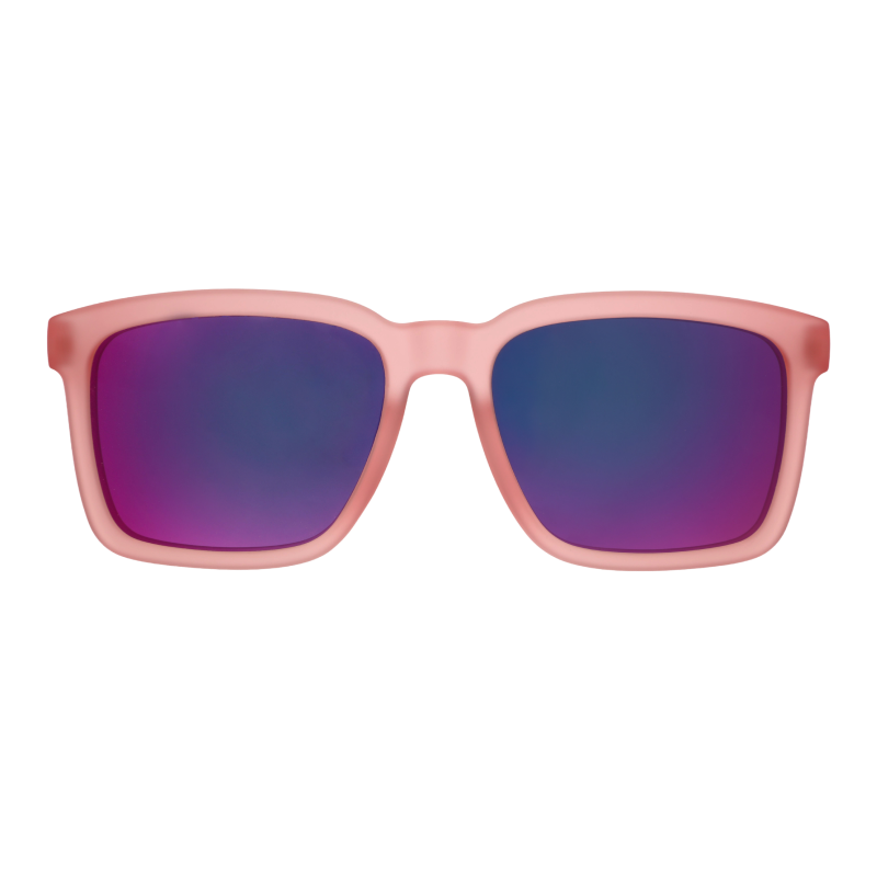 Front view of translucent light pink sunglasses with pink reflective lenses & a classic square silhouette.