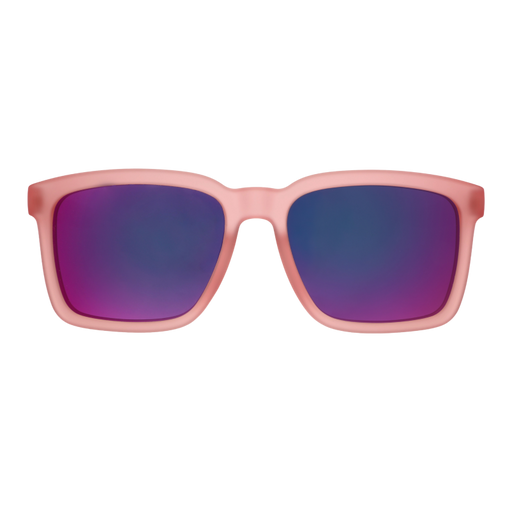 Front view of translucent light pink sunglasses with pink reflective lenses & a classic square silhouette.