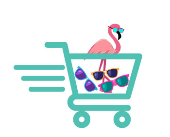 Shopping cart rolling, with pink flamingo and various sunglasses inside